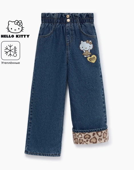 Утеплённые джинсы Paperbag Long leg с принтом Hello Kitty для девочки-0