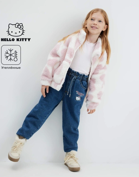 Утеплённые джинсы Paperbag с вышивкой Hello Kitty для девочки-0