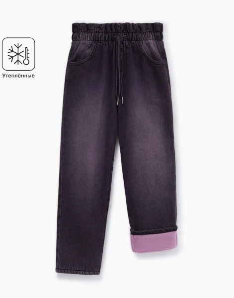Утеплённые джинсы Straight Paperbag с эффектом варки для девочки-0