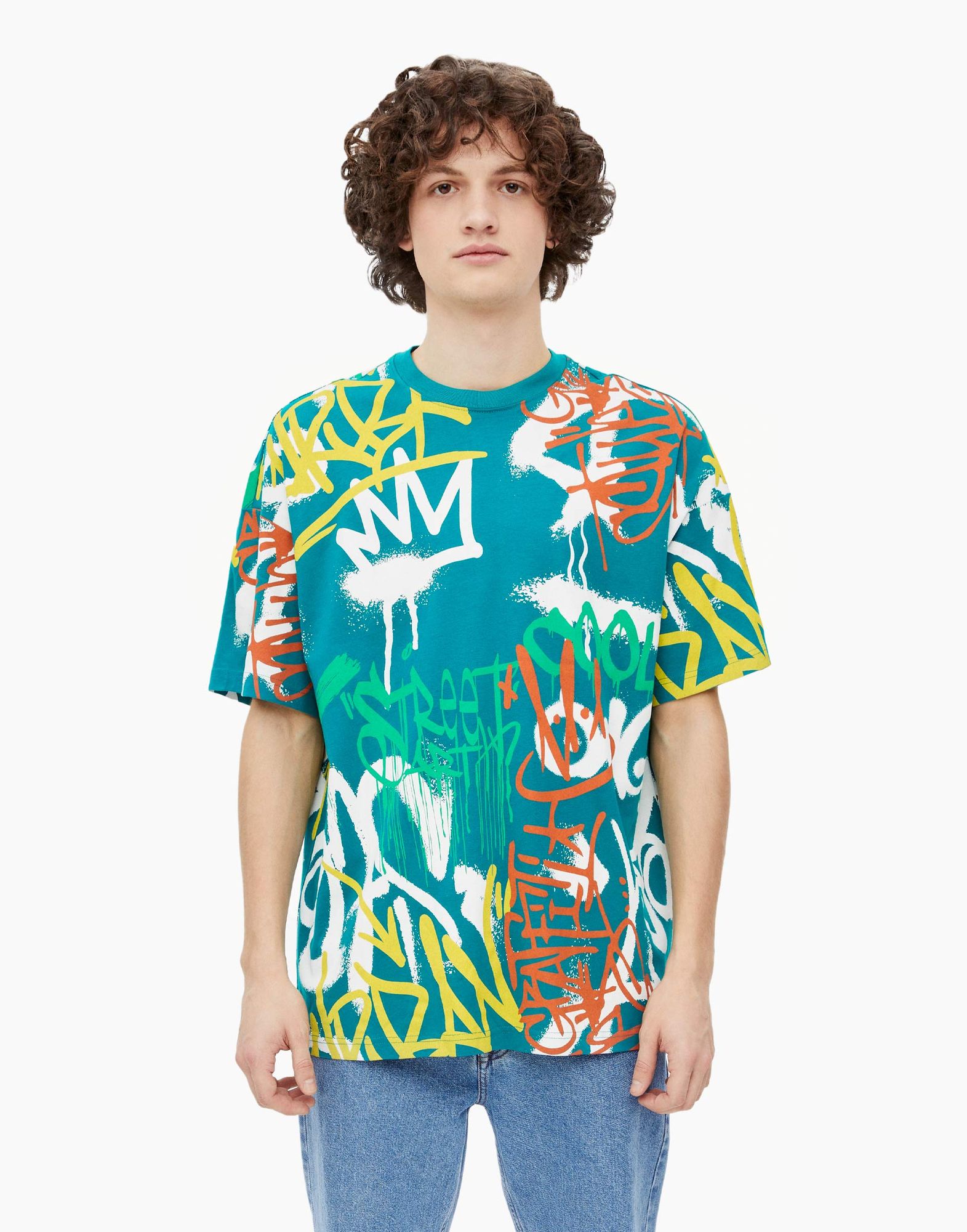 Зелёная футболка oversize с граффити-принтом-1
