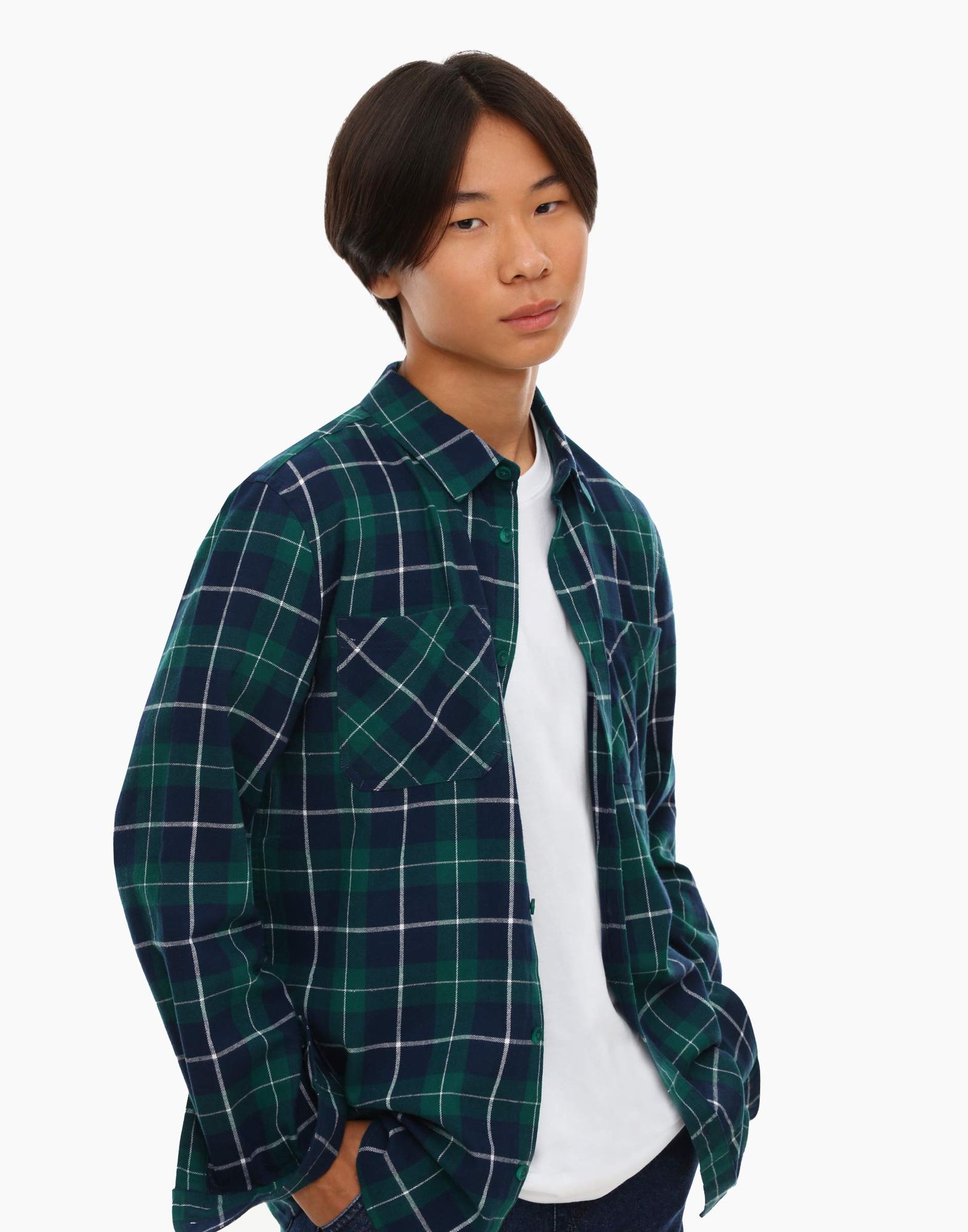 Зелёная клетчатая рубашка Comfort с карманами для мальчика-0