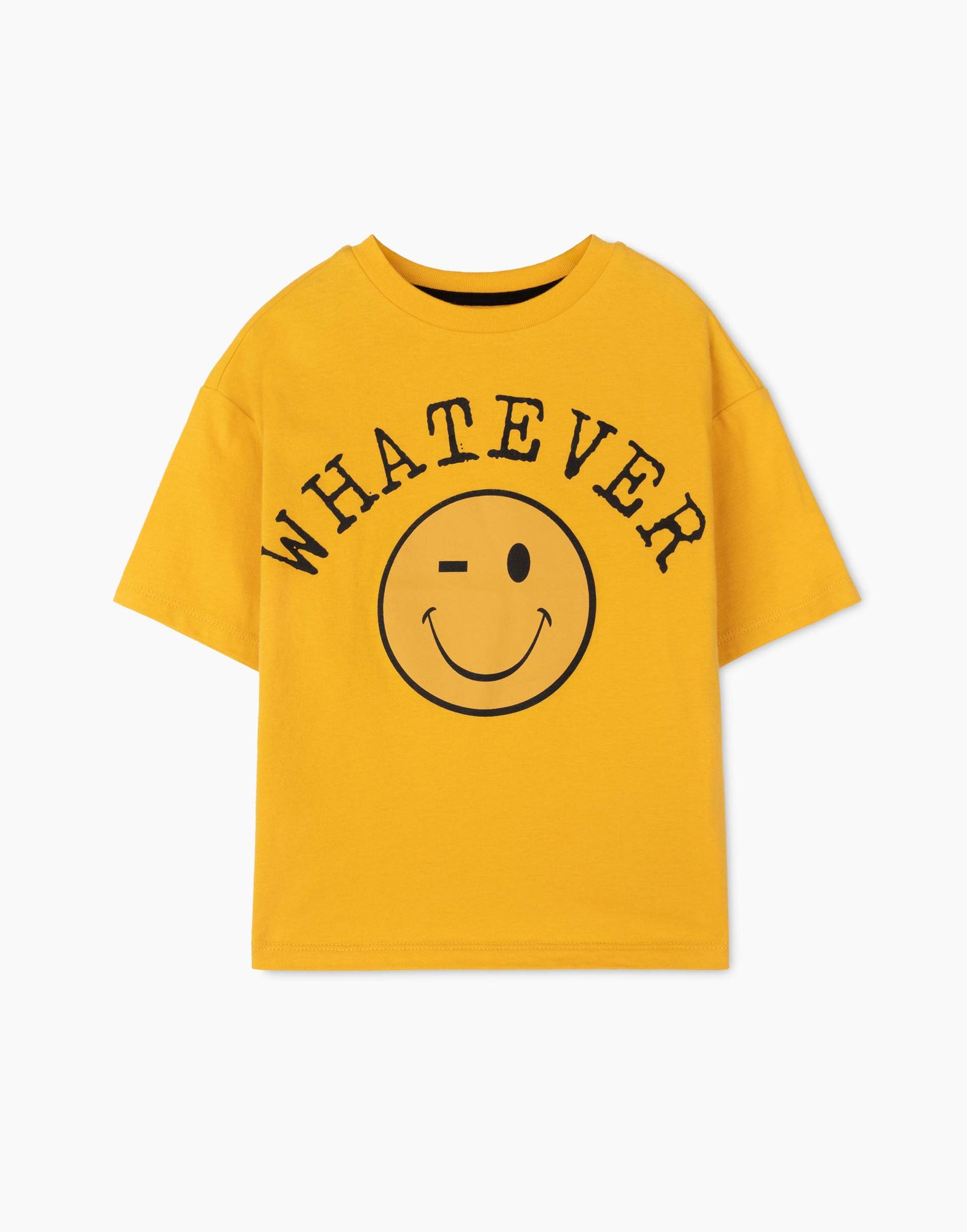 Желтая футболка Oversize со смайликом и надписью Whatever для мальчика-0