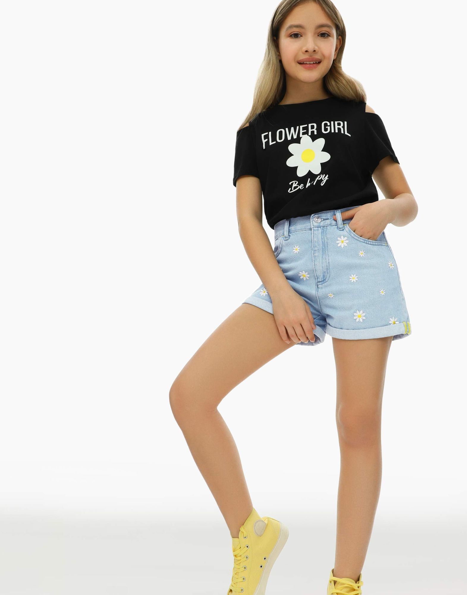 Джинсовые шорты baggy с принтом для девочки-0