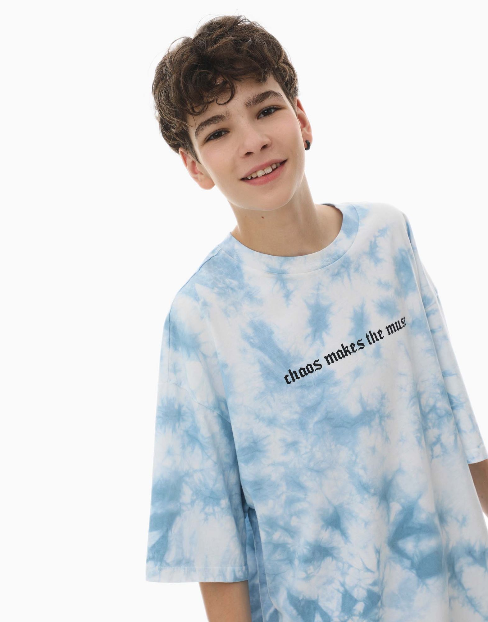 Голубая тай-дай футболка oversize с надписью-0