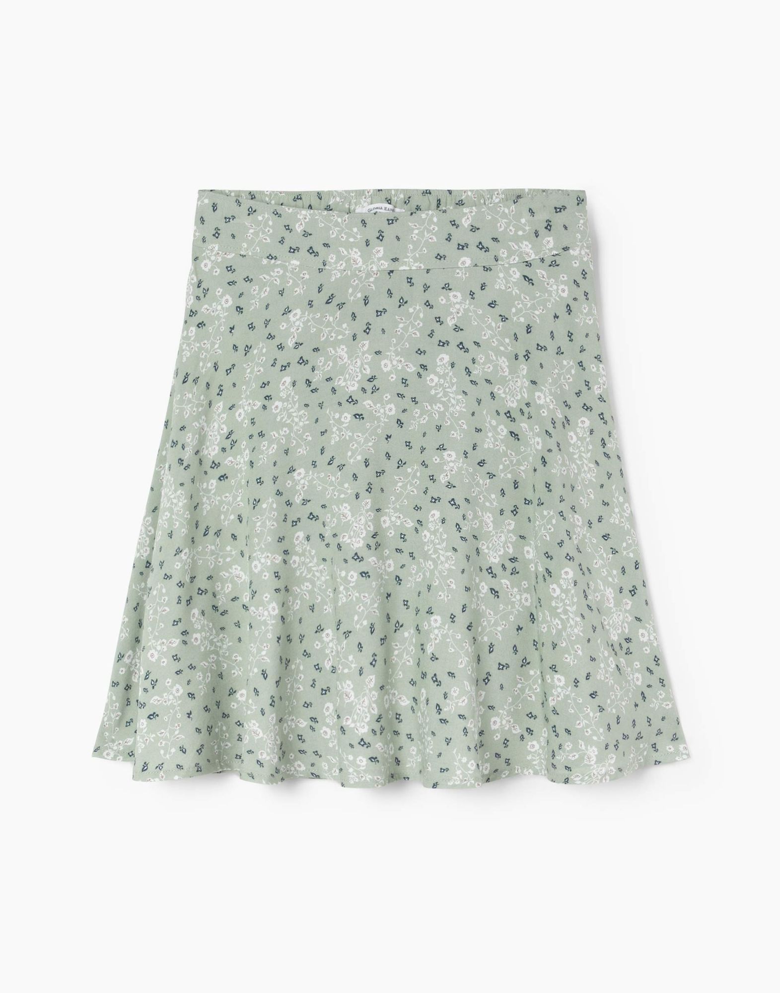 Оливковая расклёшенная юбка с растительным принтом-5