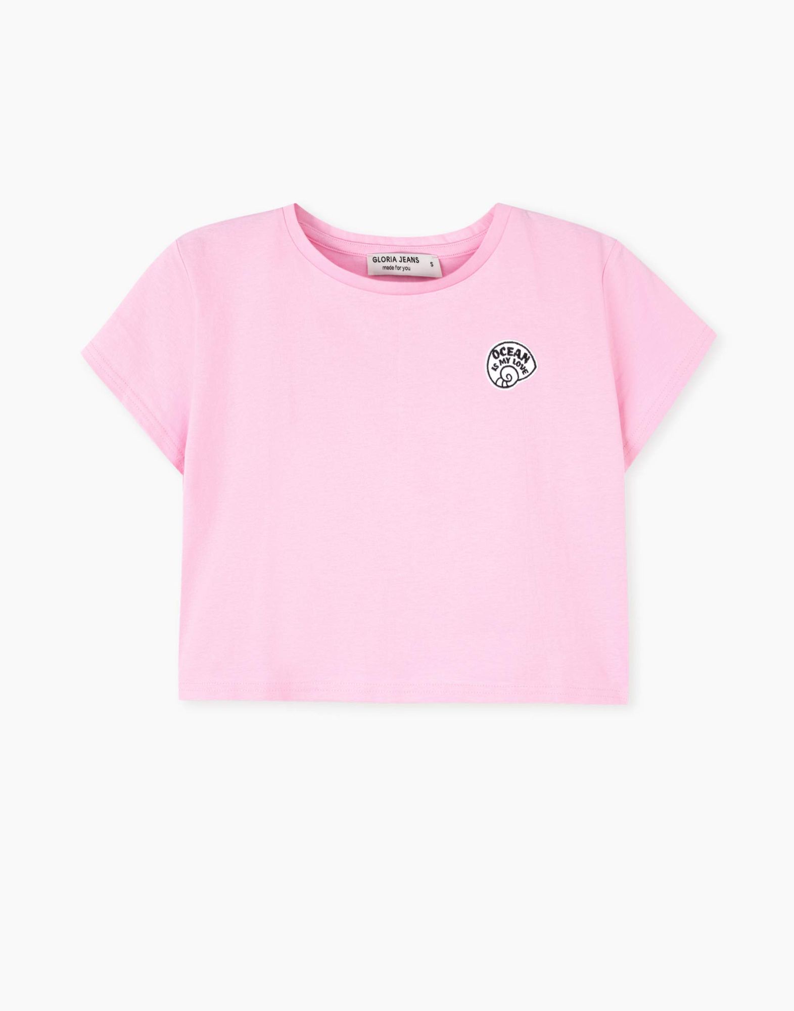 Розовая укороченная футболка с нашивкой-4