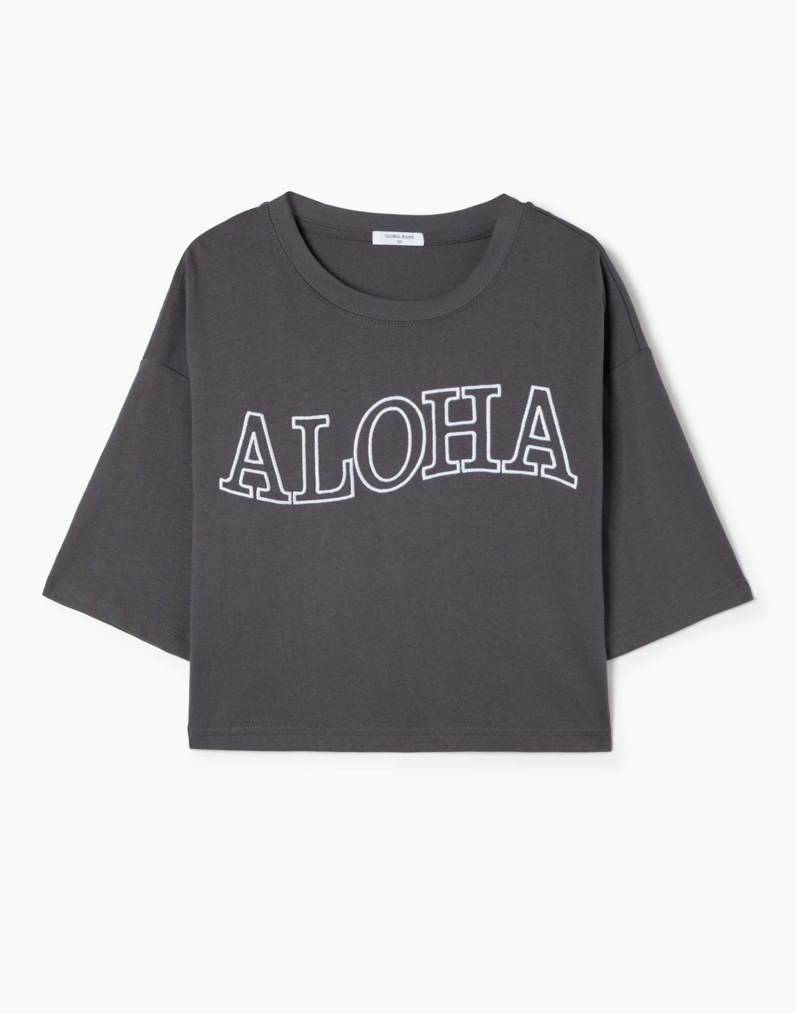 Серая укороченная футболка oversize с вышивкой Aloha-6
