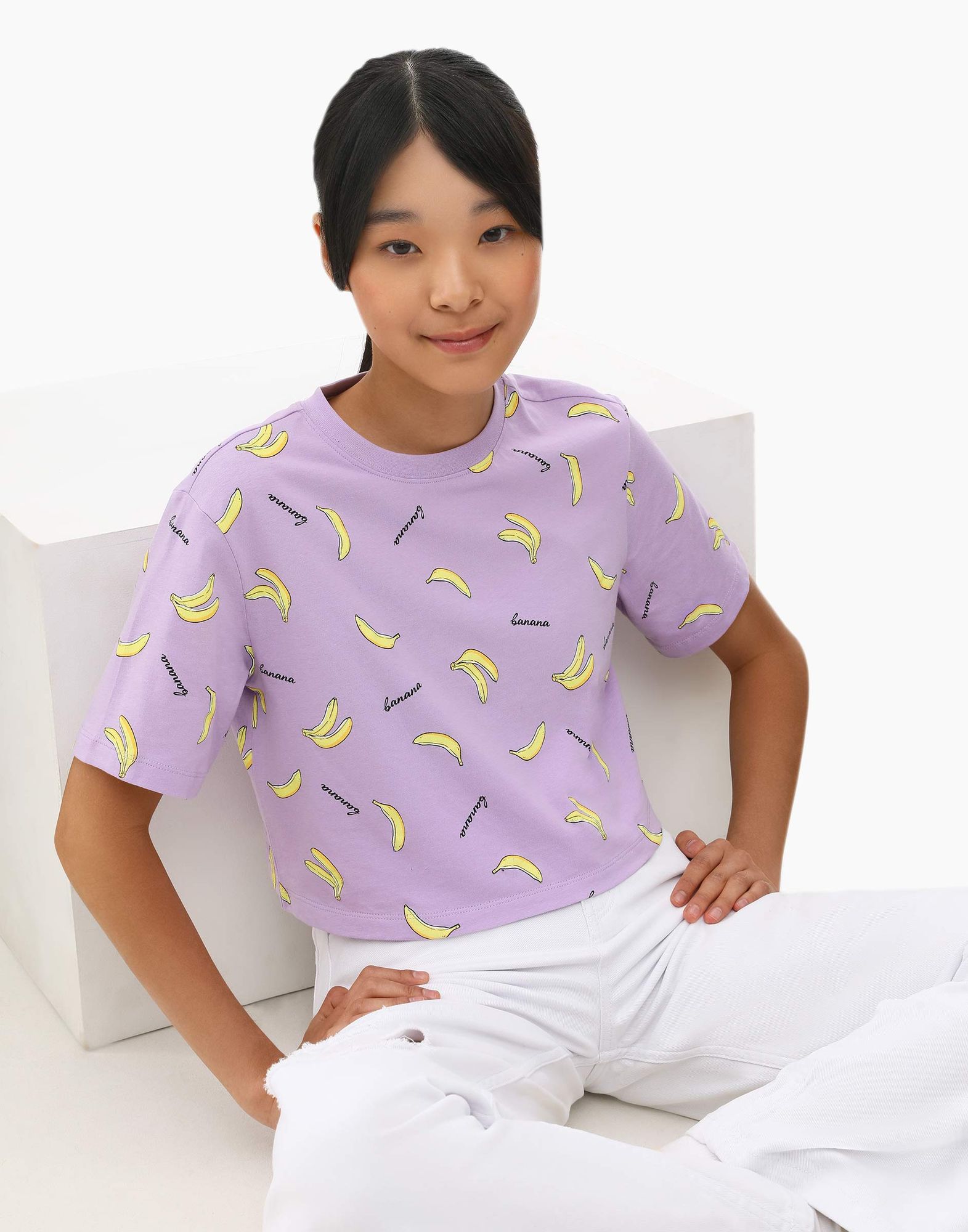 Сиреневая укороченная футболка с бананами для девочки-0