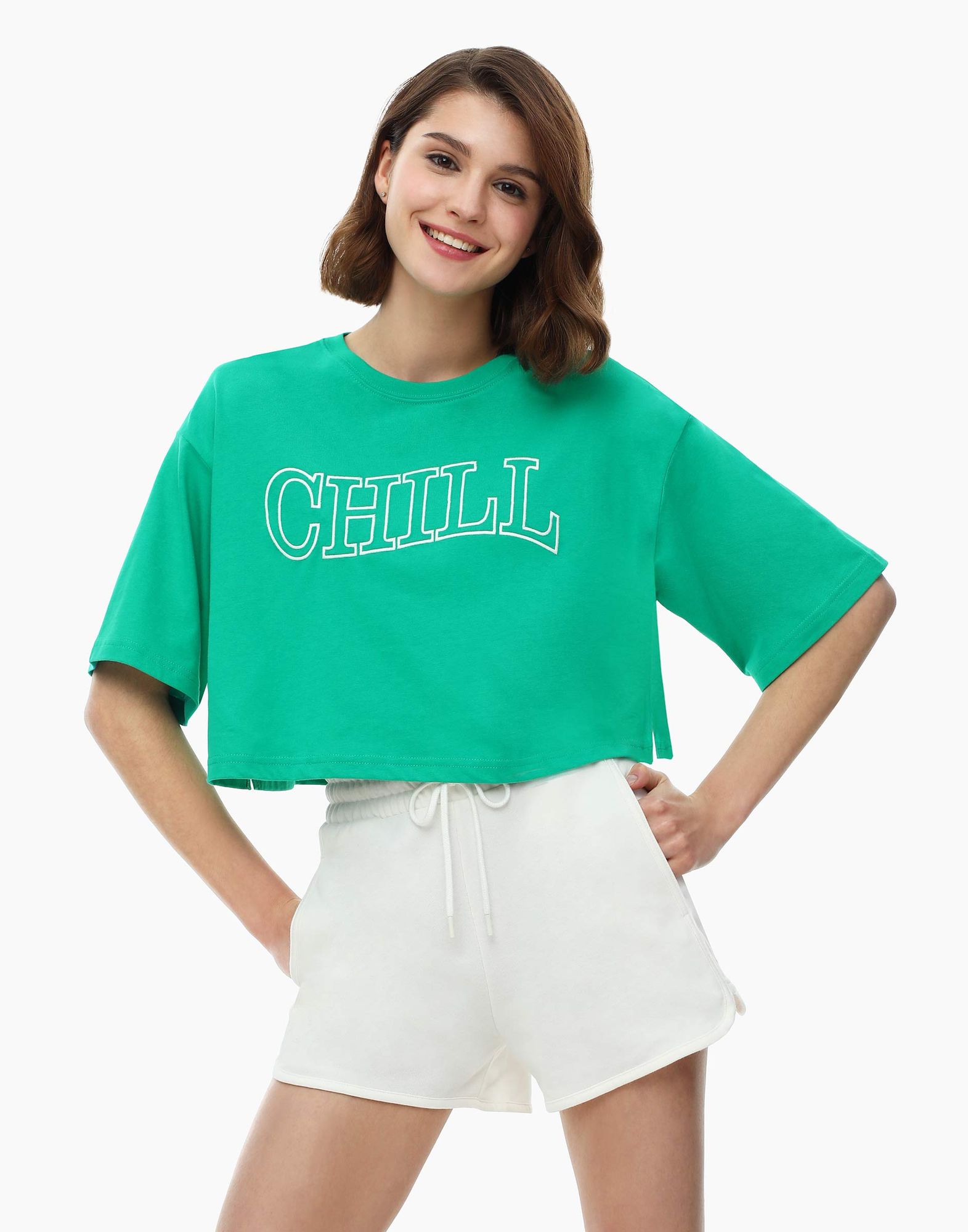 Зелёная укороченная футболка oversize с вышивкой Chill-0