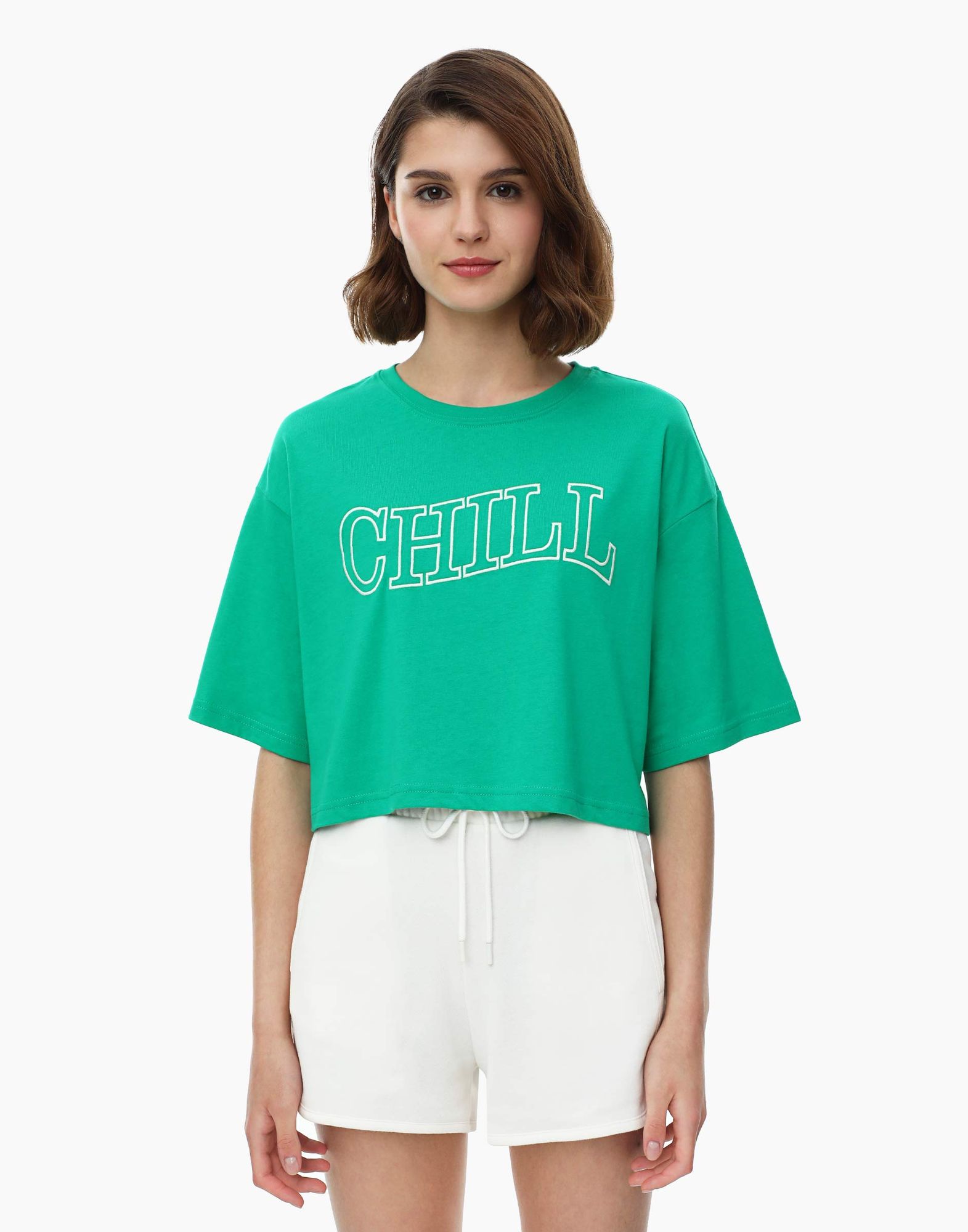Зелёная укороченная футболка oversize с вышивкой Chill-2