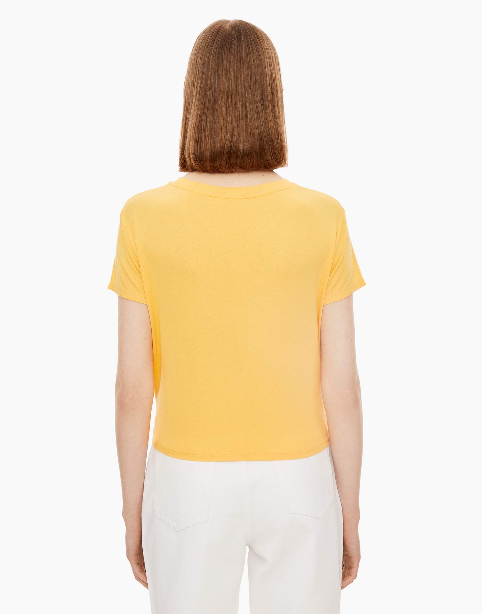 Жёлтая футболка с завязками и надписью женская-3