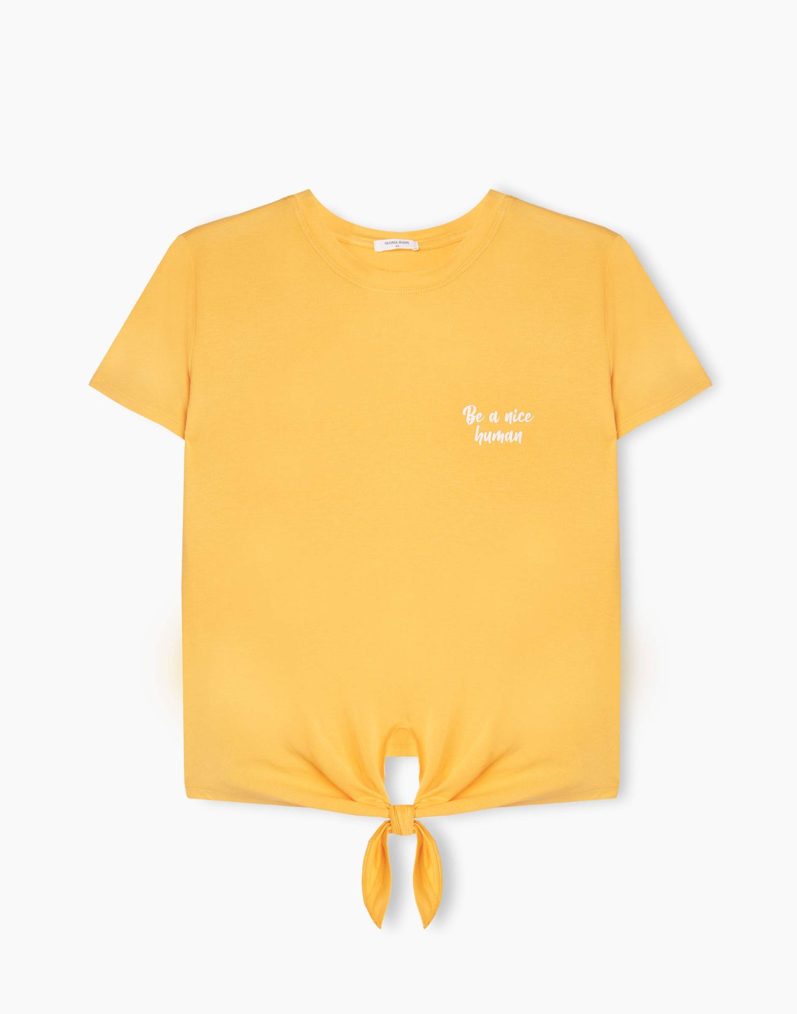 Жёлтая футболка с завязками и надписью женская-5